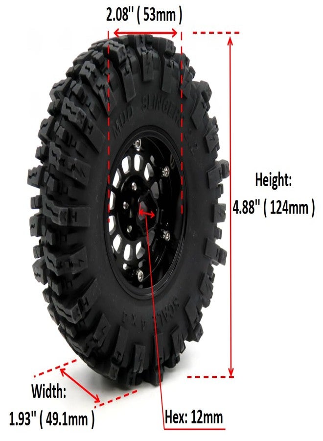 hobbysoul إطارات HOBBYSOUL RC 2.2 Mud Slingers بارتفاع 124 مم وعجلات Beadlock مقاس 2.2 بوصة قابلة للتعديل، وحواف سوداء مقاس 2.2 بوصة لسيارات RC Mud Crawler Trail Gen7 Gen8 Everest 10 Axial Capra Wraith، (عبوة من 4 قطع، مجمعة) - Image 4